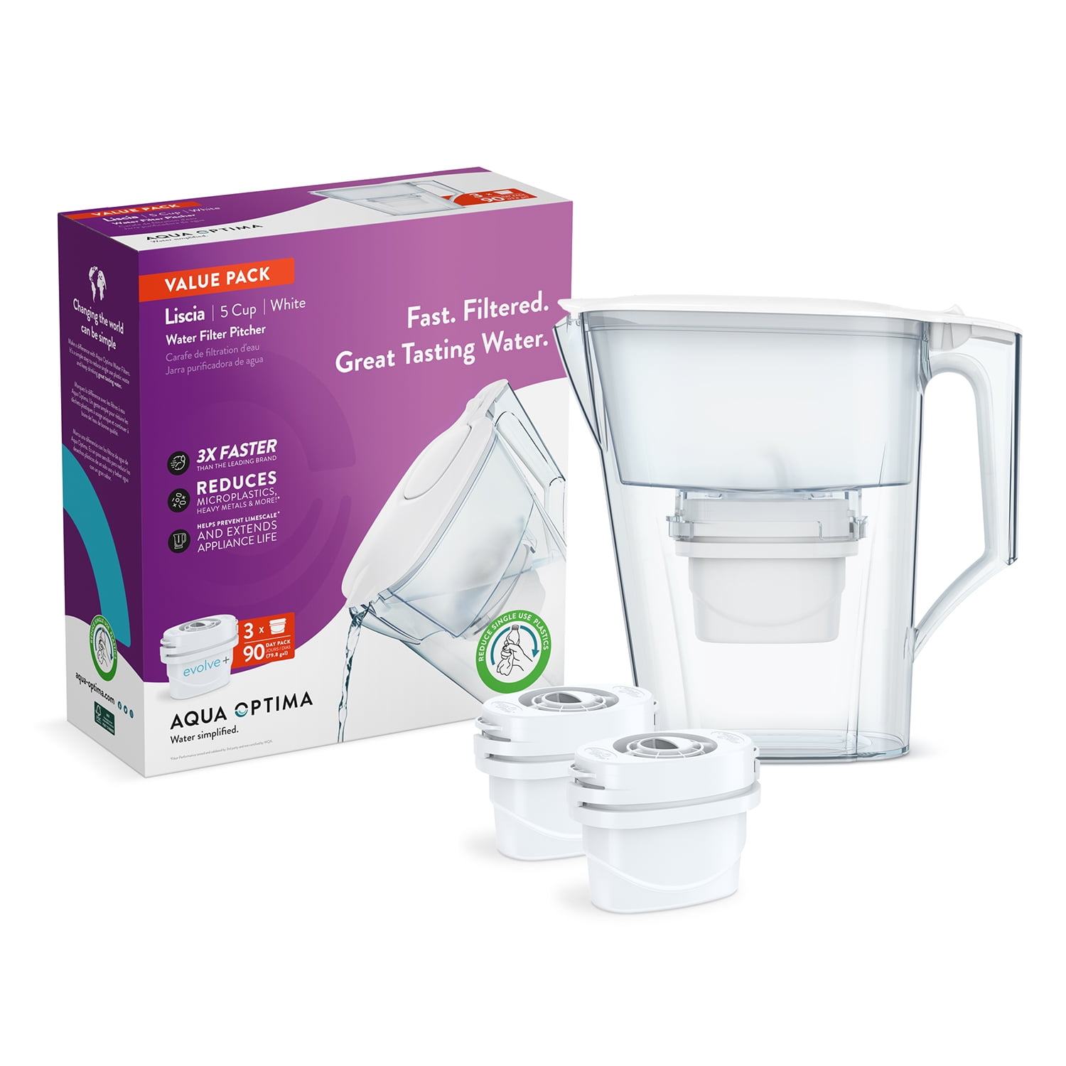Aqua Optima 5-Cup White Water Filter Pitcher with 3 Evolve+ Filters