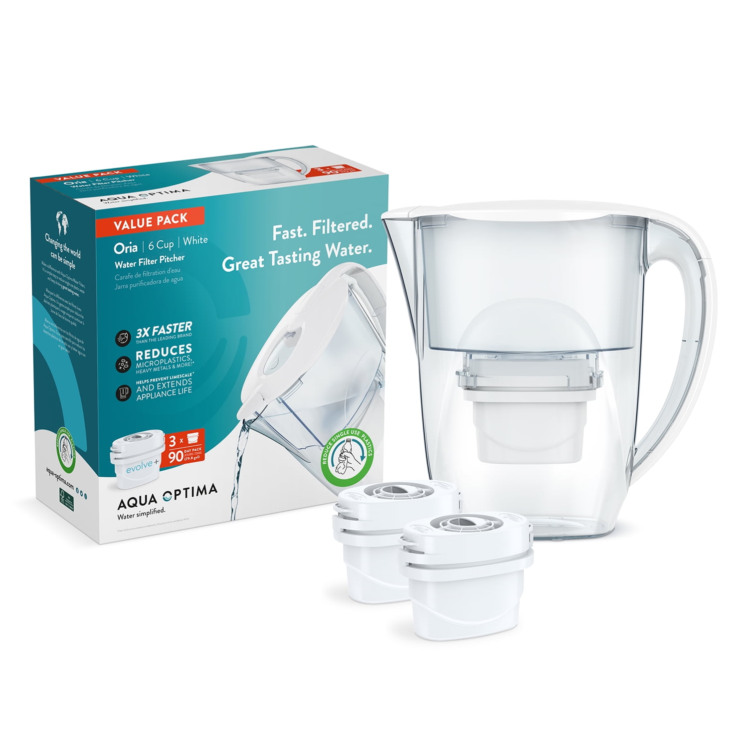 Aqua Optima 6-Cup White Water Filter Pitcher with 3 Evolve+ Filters