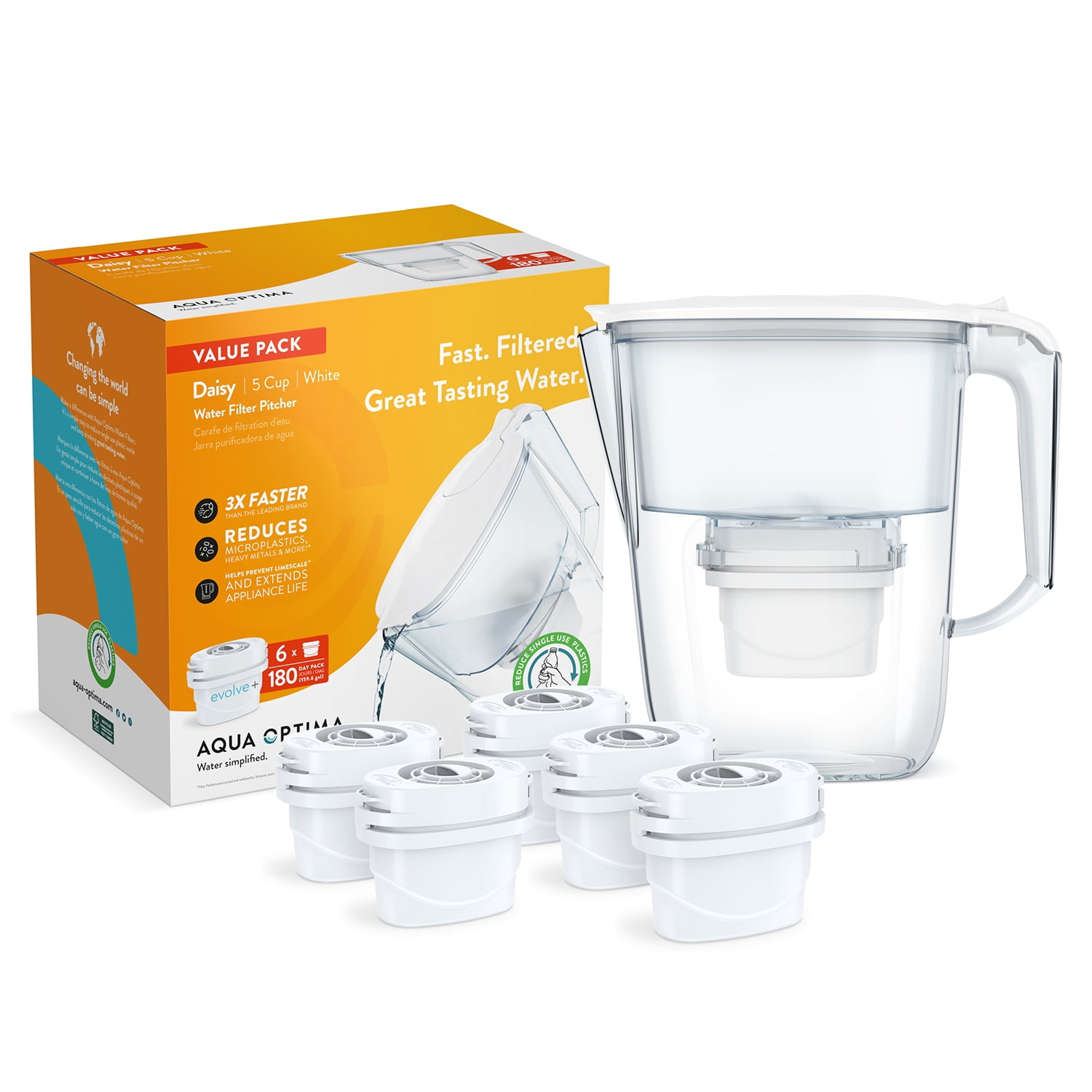 Aqua Optima White 5-Cup Water Filter Pitcher Bundle with 6 Filters