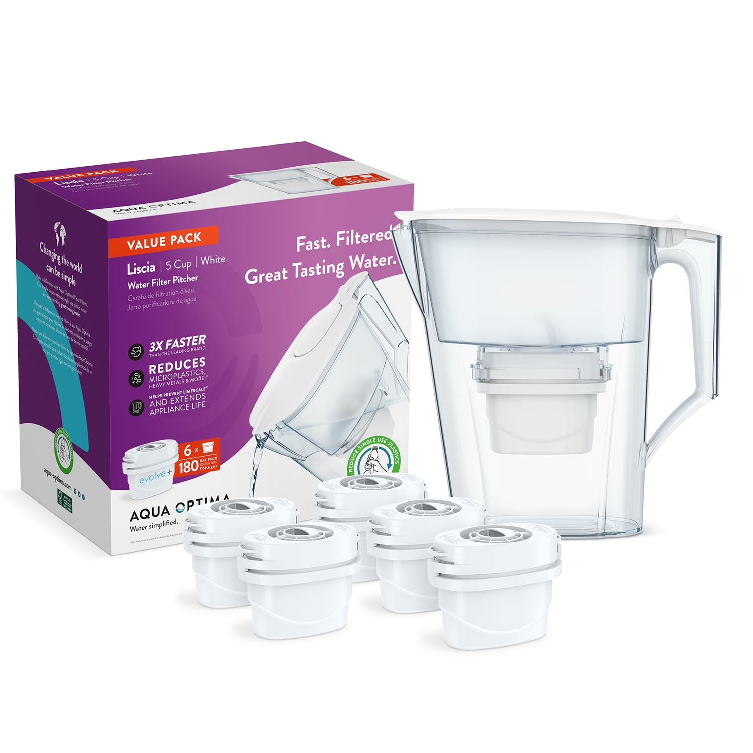 Aqua Optima 5-Cup White Water Filter Pitcher with 6 Filters