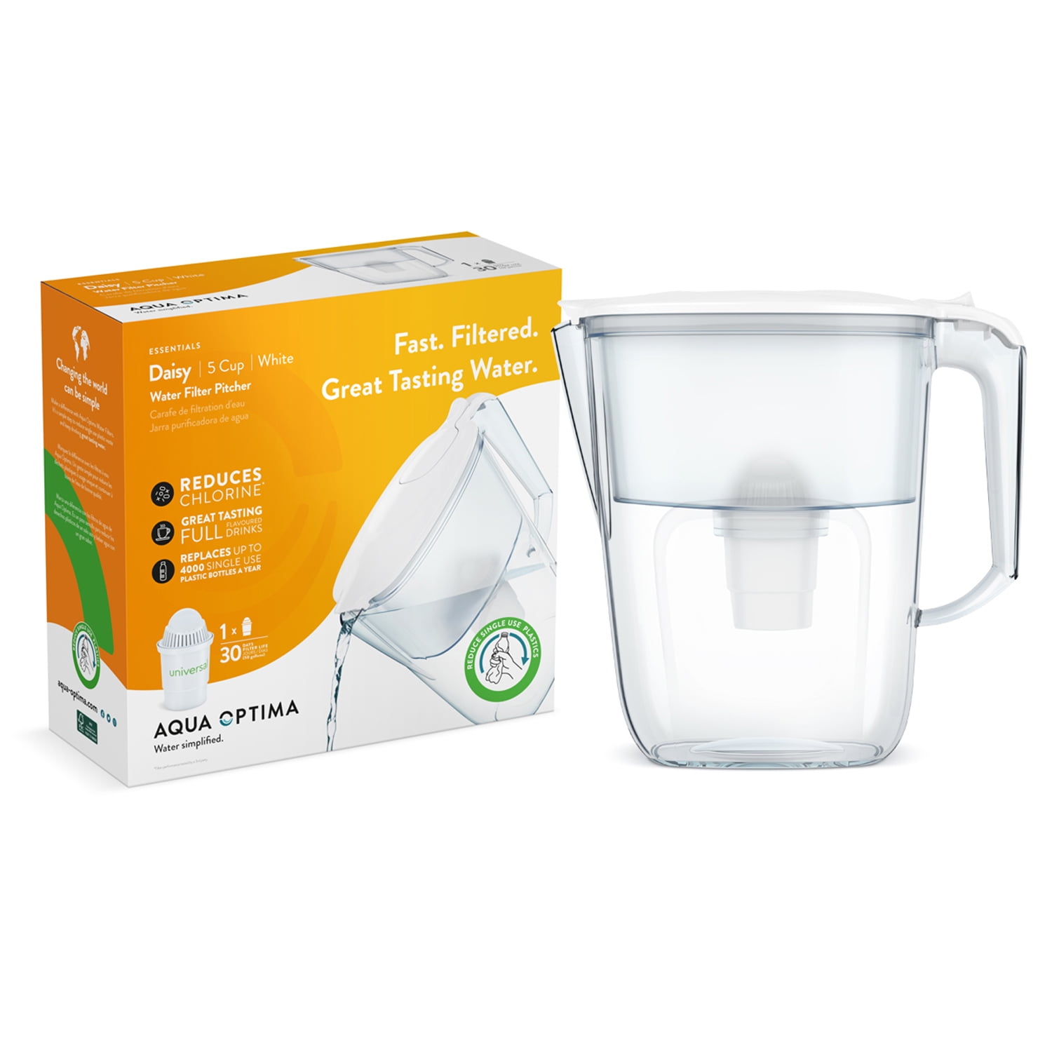 Aqua Optima Water Filter Pitcher for Tap and Drinking Water with 1 Compact  Filter. BPA Free, WQA Certified, Daisy Design (White)