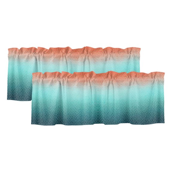 Aqua Orange Mosaic 2 Panels Kitchen Valance, Minimalist Abstract Hexagonal Grid Gradient Curtains Valances for Small Windows Rod Pocket Window Treatments for Living Room Bedroom 60" W x 18" L