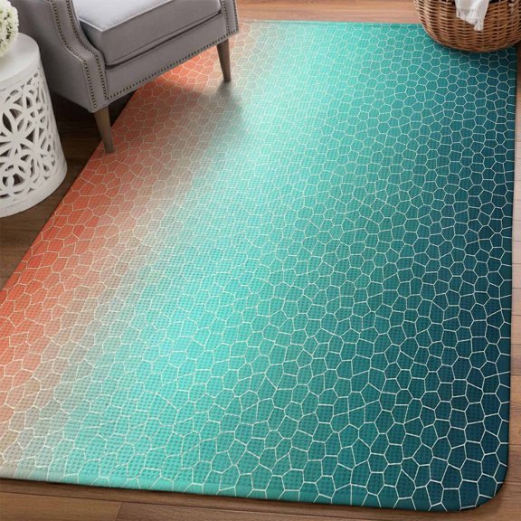 Aqua Orange Mosaic Area Rugs for Living Room 5x6, Minimalist Abstract Hexagonal Grid Gradient Washable Area Rug Non Slip, Stain Resist Linen Carpet for Bedroom, Dining Room, Entryway, Entrance