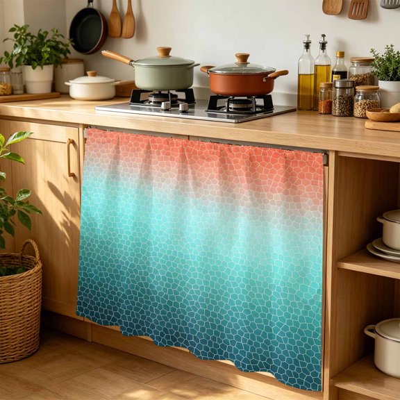Aqua Orange Mosaic Cabinet Curtains for Kitchen 35"W x 35"L, Minimalist Abstract Hexagonal Grid Gradient Laundry Sink Cabinets Magic Tape Short Curtain Privacy Panel for Bathroom Vanity Cabinets