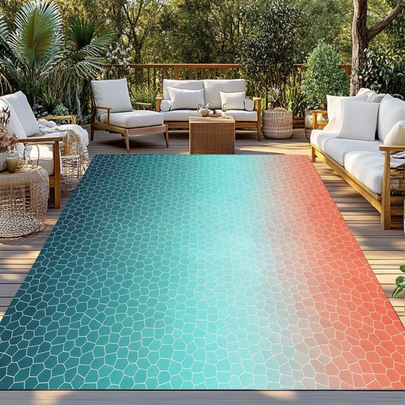 Aqua Orange Mosaic Indoor Outdoor Rugs 4x6 Ft, Minimalist Abstract Hexagonal Grid Gradient Outdoor Patio Rugs Mat Washable Outside Area Rugs Carpet for Porch Deck RV Camping Pool Balcony Backyard