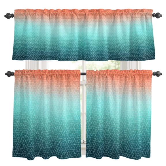 Aqua Orange Mosaic Kitchen Curtains and Valances Set, Minimalist Abstract Hexagonal Grid Gradient 3 Piece Curtains Valances and Tiers Set Rod Pocket for Kitchen Bathroom Windows 24 Inch