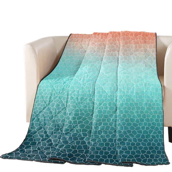 Aqua Orange Mosaic Quilted Comforters Cooling Blanket Oversized Queen Size, Minimalist Abstract Hexagonal Grid Gradient Cold Comfort for Hot Sleepers Lightweight Air Conditioning Quilt Blanket