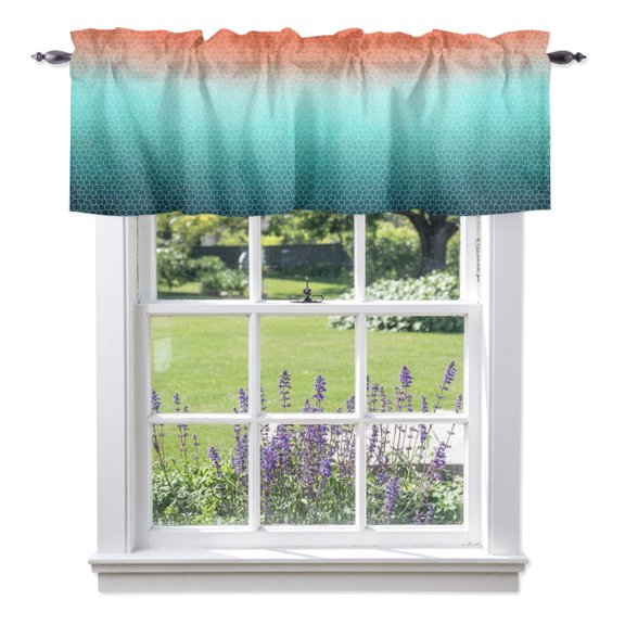 Aqua Orange Mosaic Window Valance for Kitchen, Minimalist Abstract Hexagonal Grid Gradient Rod Pocket Short Curtains for Bathroom Bedroom Small Window, Light Filtering Decorative Valances, 60x18 Inch