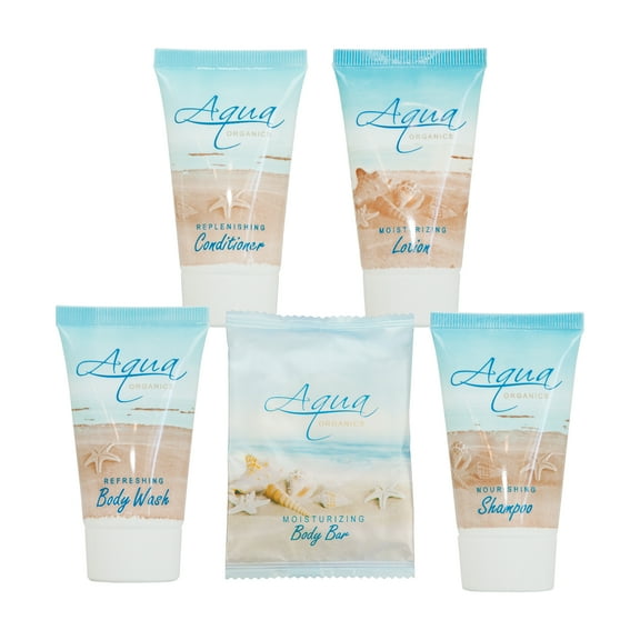 Aqua Organics Hotel Soaps and Toiletries Bulk Set | 1-Shoppe All-In-Kit Amenities for Hotels & Airbnb | 1oz Hotel Shampoo & Conditioner, Body Wash, Body Lotion & 1oz Bar Soap Travel Size | 150 Pieces