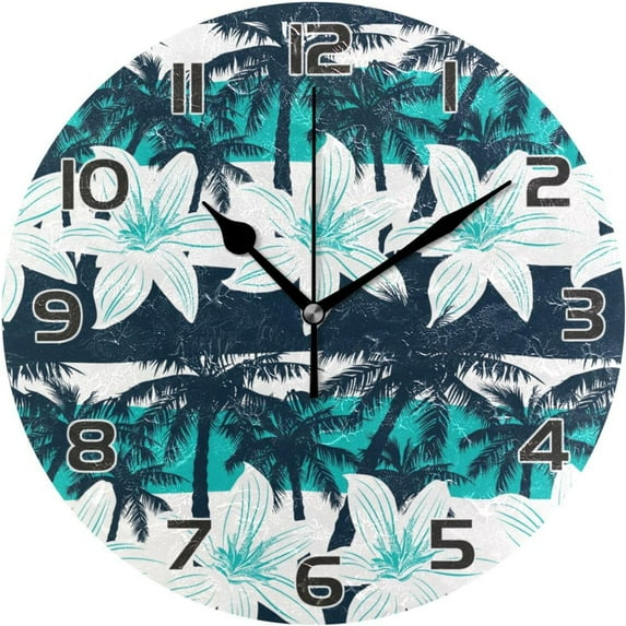 Aqua Palms Tree Wall Clock Round Vintage Silent Non Ticking Battery Operated Accurate Arabic Numerals Design for Home Kitchen Living Room Bedroom Inch
