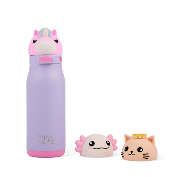 Aqua Pals 14oz Purple Water Bottle with Interchangeable Cat, Axolotl & Unicorn Heads