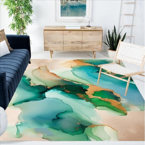 Aqua Peach Blue Marble Swirl Texture Modern Washable Area Rug For Living Room Bedroom Diningroom Home Office Large Rug Ultra Abstract Art Hallway Bathroom Kitchen Mat Carpet 4x5ft