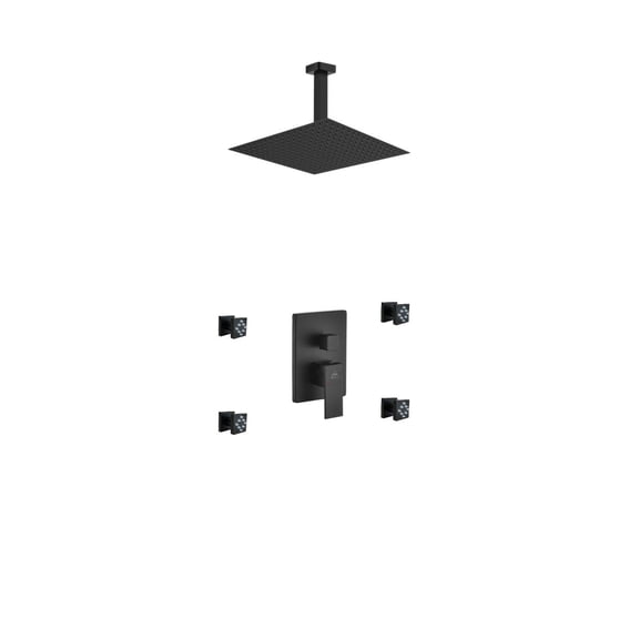 Aqua Piazza Black Shower Set w/ 12" Ceiling Mount Square Rain Shower and 4 Body Jets