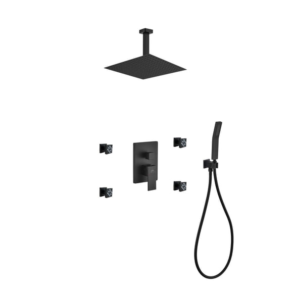 Aqua Piazza Matte Black Shower Set with 12" Ceiling Mount Square Rain Shower, 4 Body Jets and Handheld