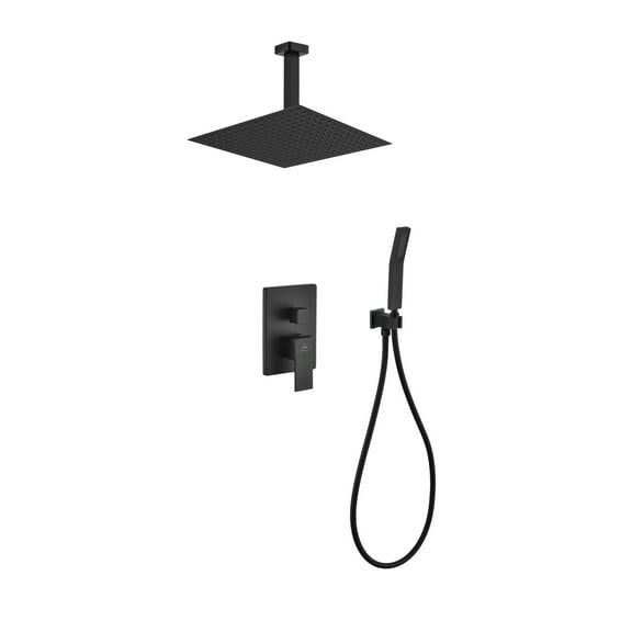 Aqua Piazza Matte Black Shower Set with 12" Ceiling Mount Square Rain Shower and Handheld