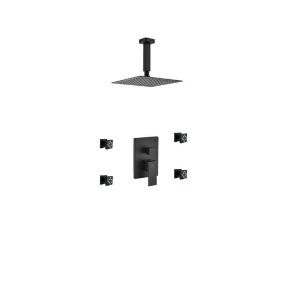 Aqua Piazza Matte Black Shower Set with 8" Ceiling Mount Square Rain Shower and 4 Body Jets