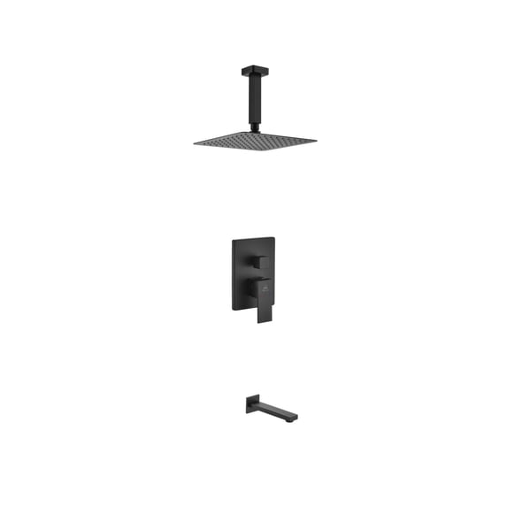 Aqua Piazza Matte Black Shower Set with 8" Ceiling Mount Square Rain Shower and Tub Filler