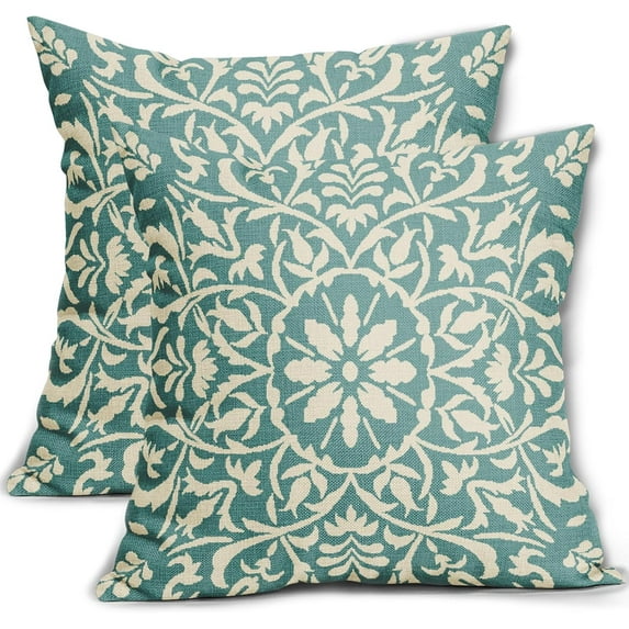 Aqua Pillow Covers 16x16 Set of 2 Aqua Cream Bohemian Ethnic Carpet Boho Style Vintage Flower Print Decorative Throw Pillows Outdoor Square Cushion Cases Farmhouse Decor for Home Sofa Bed