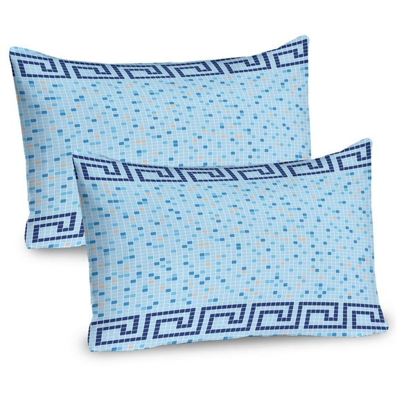 Aqua Pillow Sham Set of 2, Antique Greek Border Mosaic Tile Squares Abstract Swimming Pool Design, Quality Microfiber Bedding Item for All Seasons, 26" x 20", Pale Blue Navy Blue, by Ambesonne