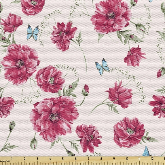 Ambesonne Aqua and Pink Fabric by the Yard Upholstery, Summer Poppies, 3 Yards, Aqua Pink and Pale Pink