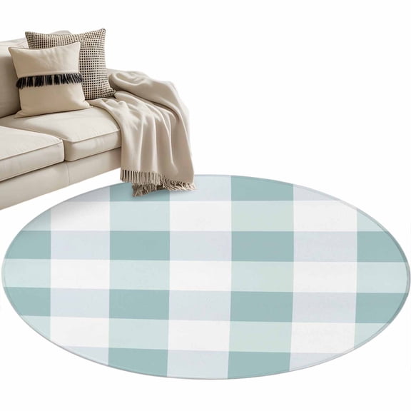 Aqua Plaid 3ft Area Rug, Spring Summer Farmhouse Buffalo Checkered Washable Non-Slip Small Round Rugs for Entryway Bedroom Kitchen, Soft Circle Carpet for Dining Room, Playroom Nursery Rug