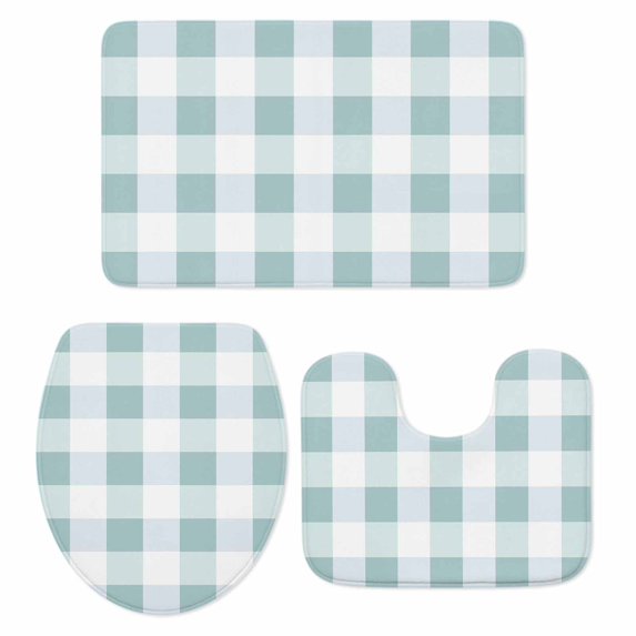 Aqua Plaid Bath Mat 3 Piece Bathroom Rug Set, Spring Summer Farmhouse Buffalo Checkered Non Slip Bath Rug Contour Mat and Toilet Lid Cover, Absorbent Shower Mats Soft Bath Rugs and Mats Sets