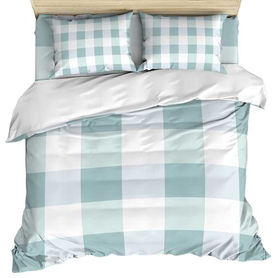 Aqua Plaid Duvet Cover Set, Spring Summer Farmhouse Buffalo Checkered Soft Duvet Cover Full Size Bedding Set 4 Pieces, 1 Quiltcover and 2 Pillowcases with Zipper, 1 Bed Sheet for All Seasons