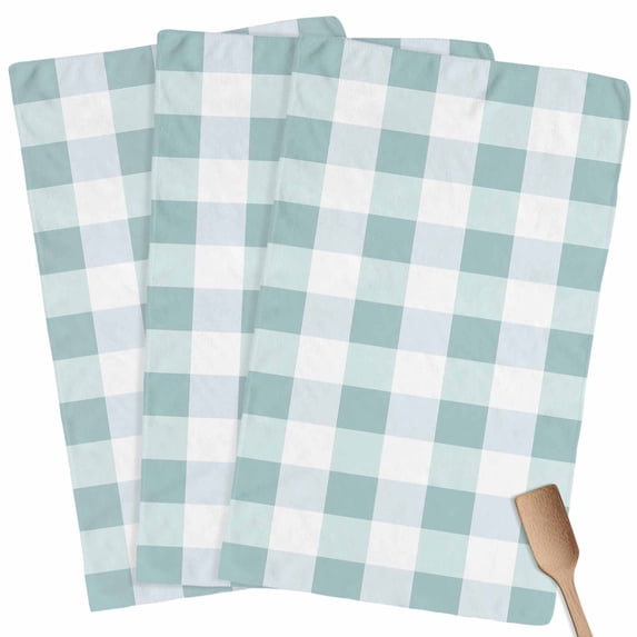 Aqua Plaid Kitchen Towel Dish Cloths Set of 3, Microfiber Soft Kitchen Hand Towels, Spring Summer Farmhouse Buffalo Checkered Absorbent Quick Drying Dishcloths 18 x 28 Inches