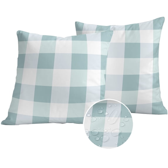 Aqua Plaid Outdoor Pillow Covers 24x24 Set of 2,Waterproof Patio Throw Pillowcase Protectors,Spring Summer Farmhouse Buffalo Checkered Decorative Pillow Shams Cushion Covers for Seat Bed Couch Sofa