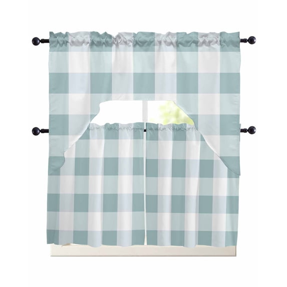 Aqua Plaid Swag Kitchen Curtains Sets for Windows 24 Inch Length, Spring Summer Farmhouse Buffalo Checkered Short Window Curtain Panels Swags Valances and Tiers 3 Piece Set for Cafe/Dining Room