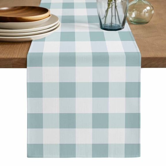 Aqua Plaid Table Runner, Spring Summer Farmhouse Buffalo Checkered Washable Cotton Linen Table Runners 90 Inches Long, Dresser Scarf Runner for Dining/Coffee/Kitchen/Hallway Tables 13''x90''