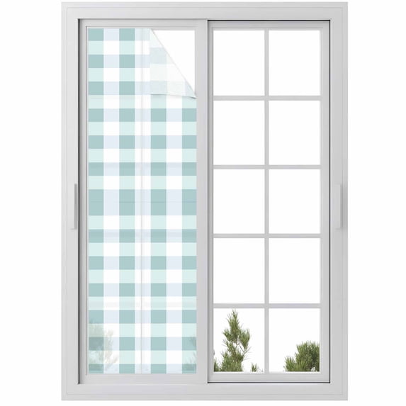 Aqua Plaid Window Privacy Film, Spring Summer Farmhouse Buffalo Checkered Static Cling UV Sun Blocking Heat Control Window Tint Day and Night, Non-Adhesive One Way Windows Privacy Cover 17.7''x78.7''