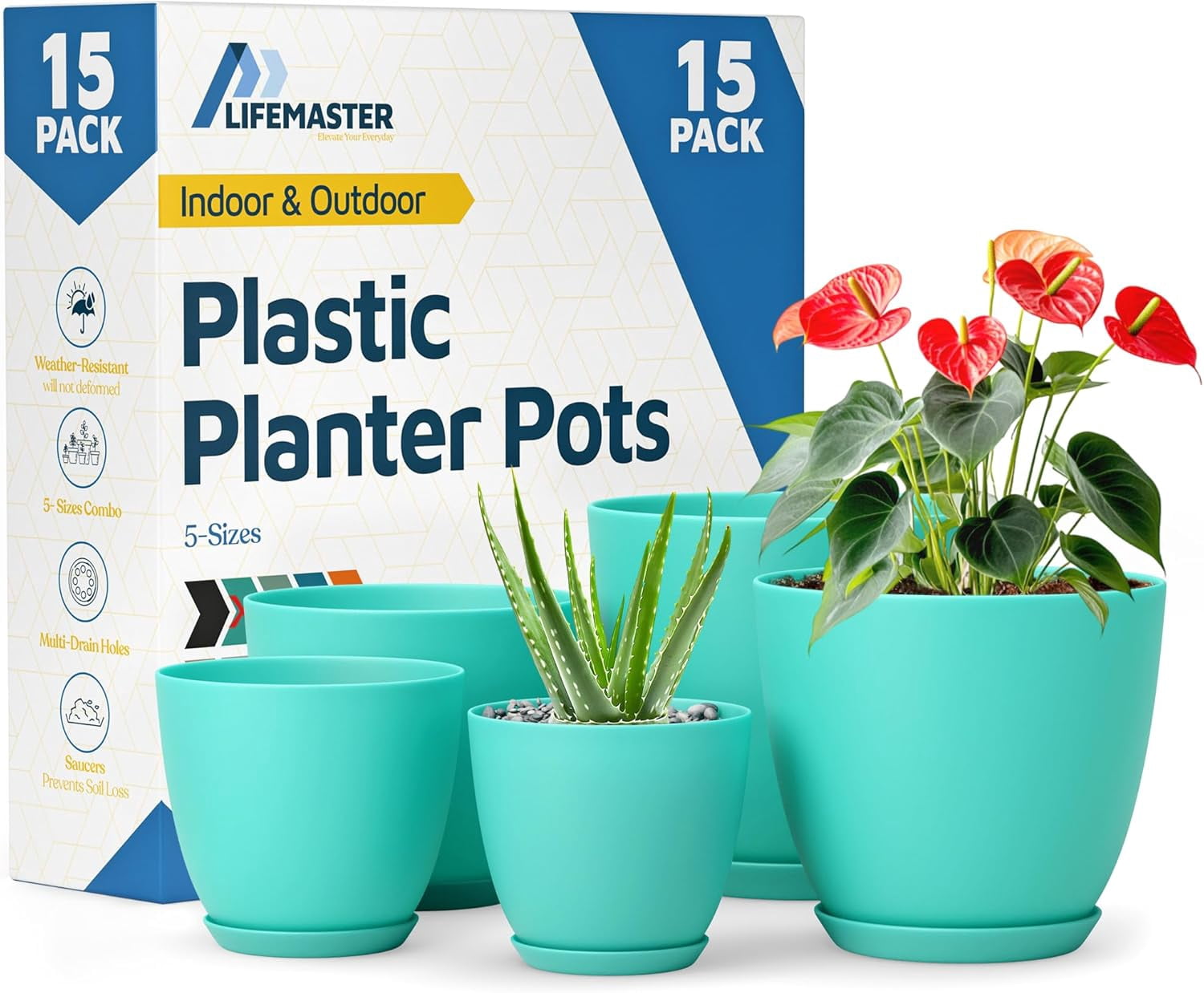 Aqua Plant Pots with Drainage Holes & Saucers 15 Packs, Indoor & Outdoor Stackable Plastic Planters in Multiple Sizes for Houseplants & Flowers, Durable & Weatherproof Materials, Matte Finish