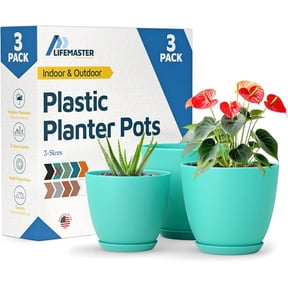Aqua Plant Pots with Drainage Holes & Saucers 3 Packs, Indoor & Outdoor Stackable Plastic Planters in Multiple Sizes for Houseplants & Flowers, Durable & Weatherproof Materials, Matte Finish