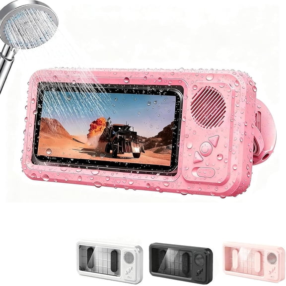 Aqua Play Phone Holder with Bluetooth Speaker, IPX4 Waterproof Shower Phone Mount with 360° Rotation for Bathroom Mirror, Universal Hands-Free Case for Music & Calls (Pink)
