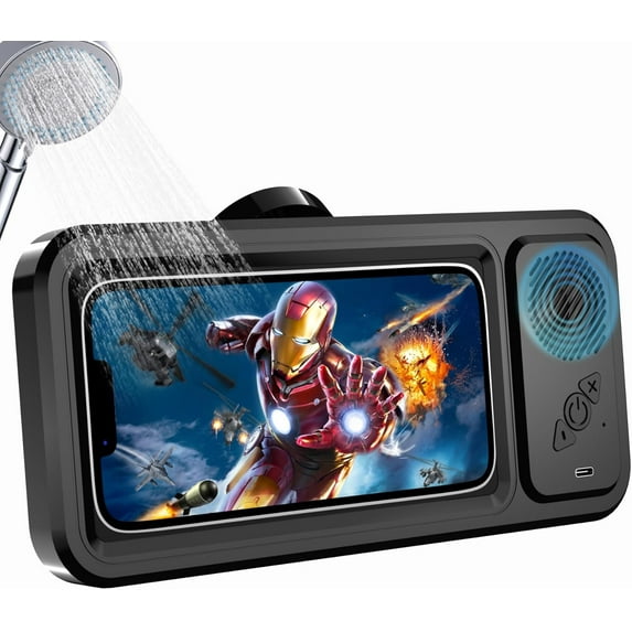 Aqua Play Phone Holder with Speaker, Aqua Play Waterproof Shower Phone Holder with HD Touch Screen, 360° Adjustable Retractable Mount, Anti-Fog Wall Phone Case for Bathroom