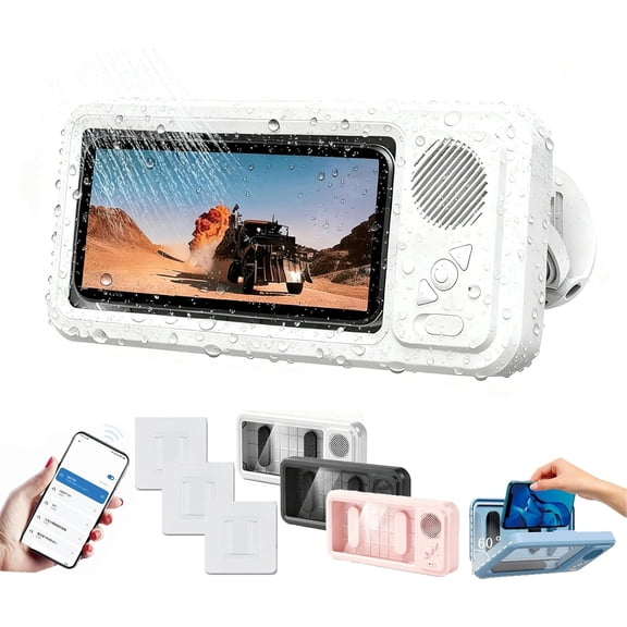 Aqua Play Phone Holder, Waterproof Phone Holder- 360° All-Inclusive Design, 60° Fixed Opening Angle for Pick-Up and Placement, Bluetooth Speakers (White)