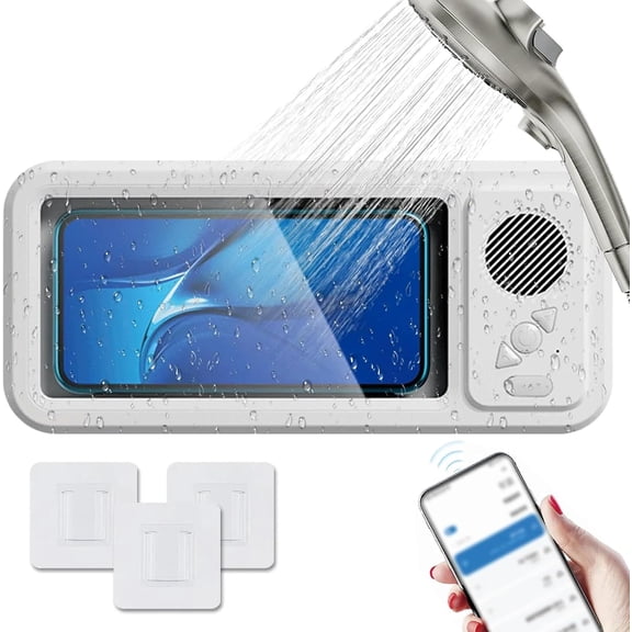 CLIQKWEN Waterproof Phone Holder with Speaker - 360° Rotation, Angle Adjustable & Touch-Friendly, Punch-Free Shower Case for Bathroom Mirror & Bathtub