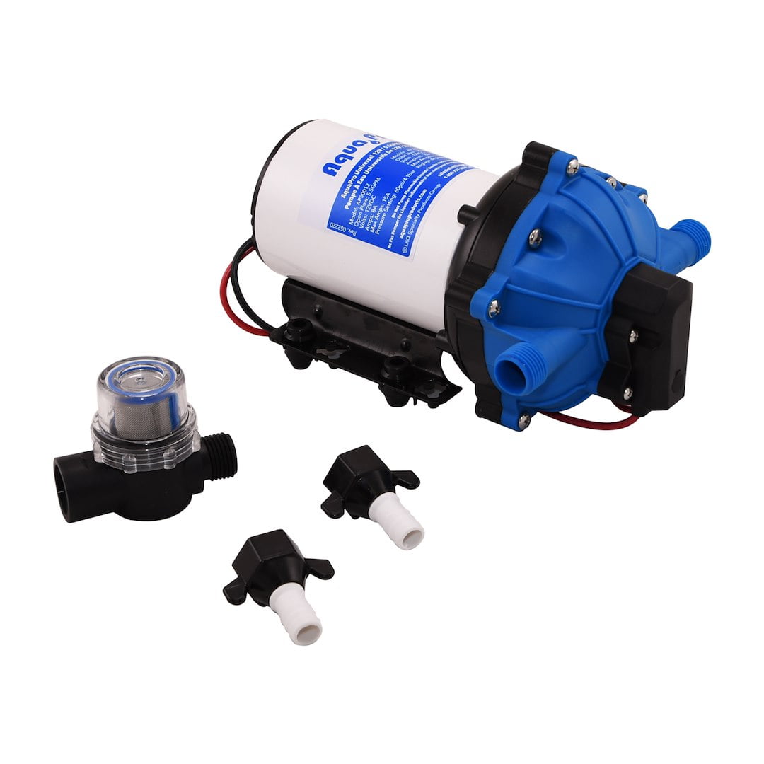 Aqua Pro 21863 Fresh Water Pump; AP50012; Self-Priming; 5.5 Gallon Per Minute; Shuts Off At 60 PSI; 8-1/2 Inch Length x 5-3/4 Inch Width x 5.16 Inch Height; 12 Volt DC; Run Dry Safe