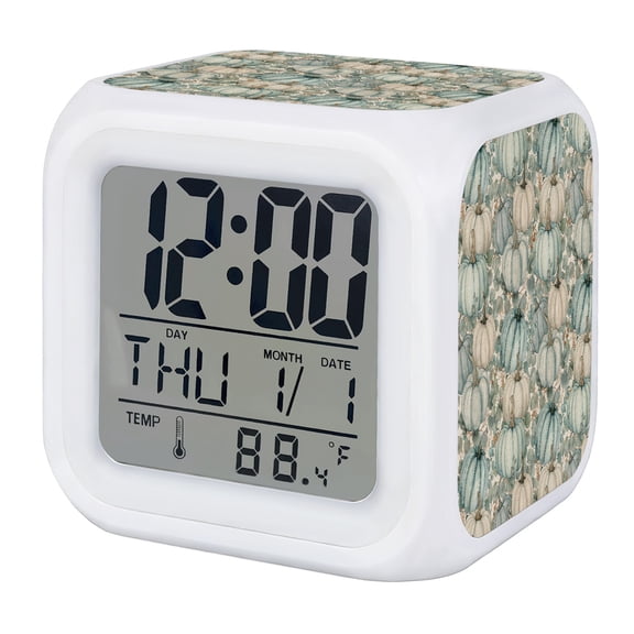 Aqua Pumpkins Fall Digital Alarm Clock for Bedrooms, Smart LED Alarm Clock with 7 Color Changing Night Light, Thanksgiving Eucalyptus Leaves Rustic Silent Wake Up Clocks for Sleep Study Cooking