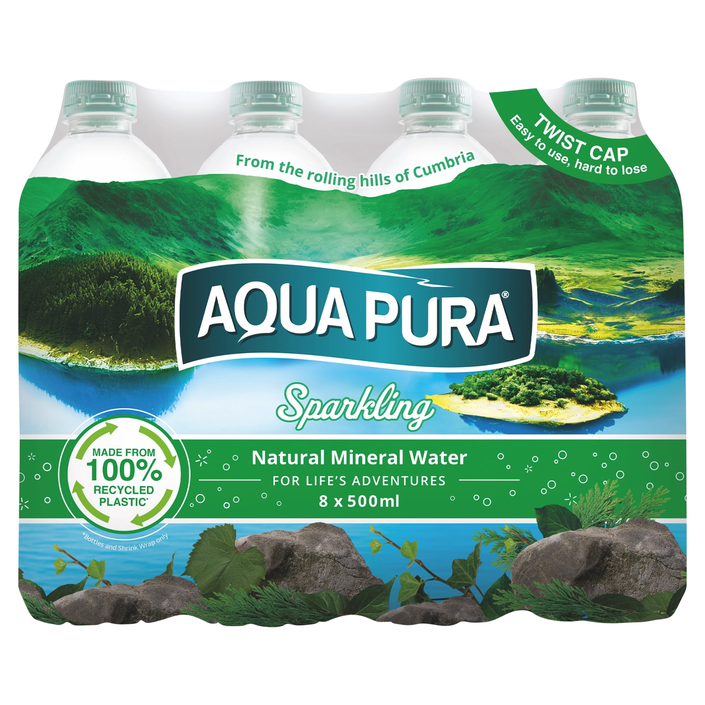 Aqua Pura Sparkling Natural Mineral Water 8 x 500ml, Imported from Britain