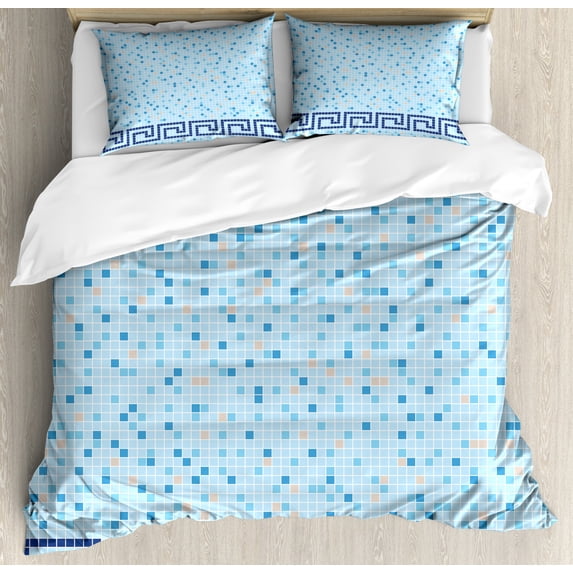 Aqua Queen Size Duvet Cover Set, Antique Greek Border Mosaic Tile Squares Abstract Swimming Pool Design, Decorative 3 Piece Bedding Set with 2 Pillow Shams, Pale Blue Navy Blue Beige, by Ambesonne