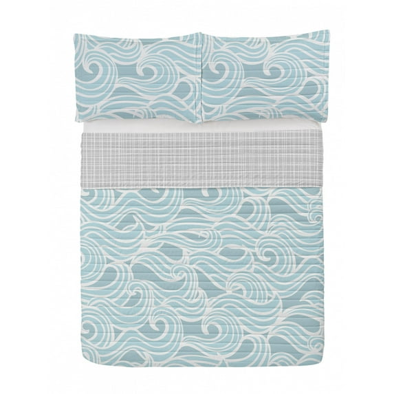 Aqua Reversible Bedspread Set, Abstract Ikat Frame Antique Victorian Style Floral Leaves Details Art Print, Pillow Shams & Comforter Microfiber Bedding Set, 3 Sizes, Seafoam White, by Ambesonne