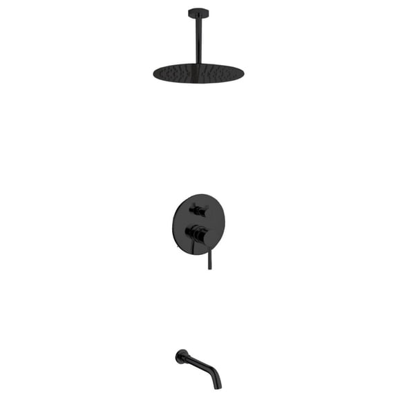 Aqua Rondo Matte Black Shower Set, Ceiling Mount 12" Rain Shower, Tub Filler