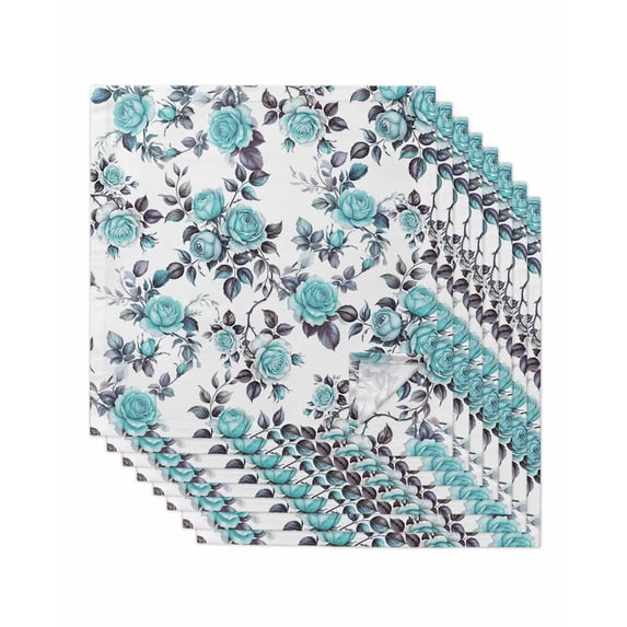 Aqua Rose Cloth Napkins Set of 8 Reusable Dinner Napkins, Rustic Romantic Botanical Floral Vines Art Cocktail Napkin Washable Table Napkins for Wedding/Holiday Party/Baby Shower 20"x20"