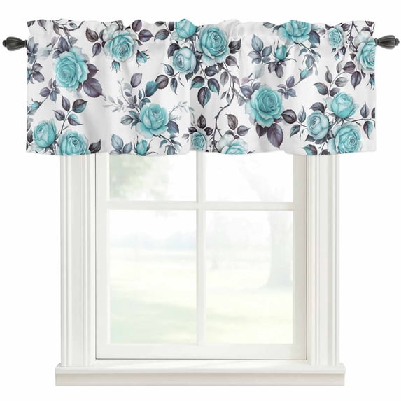 Aqua Rose Farmhouse Short Window Curtain Valances, Rustic Romantic Botanical Floral Vines Art Rod Pocket Kitchen Valances for Living Room Bedroom Bathroom Cafe 42" x 12"