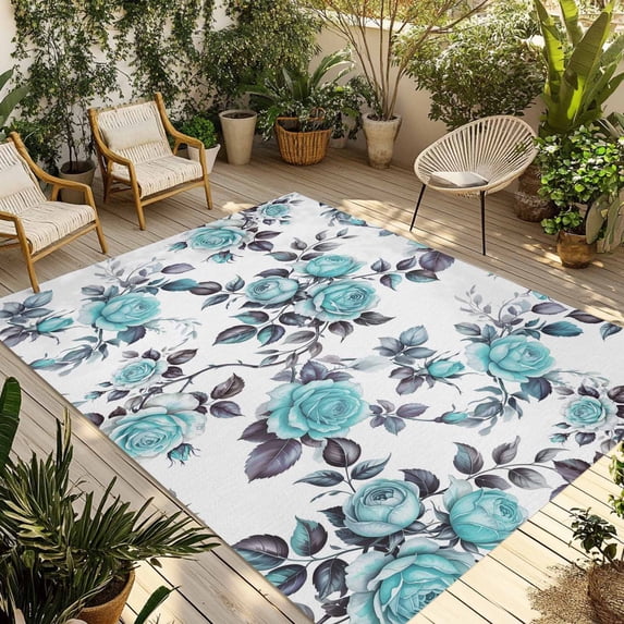 Aqua Rose Outdoor Rug 6x9 Ft - Reversible Patio Rug Outdoor Camping Rugs, Rustic Romantic Botanical Floral Vines Art Washable Indoor Outdoor Area Rugs, Non-Slip Outdoor Carpet Runner for Deck/Porch