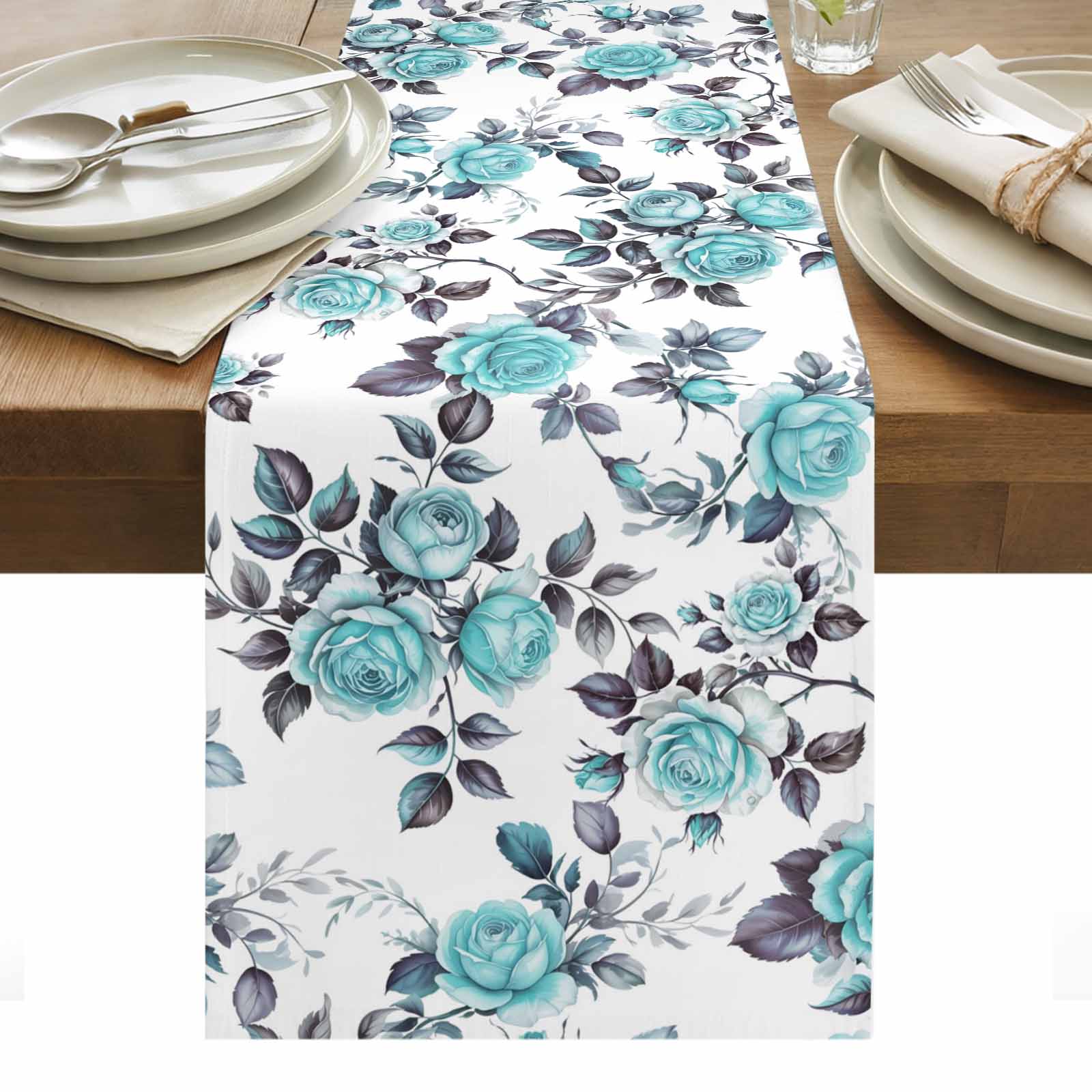 Aqua Rose Table Runner - 48 Inch Long, Kitchen Dining Table Runner ...