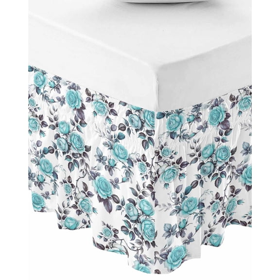 Aqua Rose Wrap Around Bed Skirts for Queen Bed 16" Drop,Bed Skirt with Adjustable Elastic Belt Dust Ruffle Bed Valance for Bedroom Hotel Rustic Romantic Botanical Floral Vines Art Bed Frame Cover