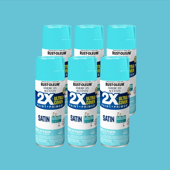 6 Pack, Aqua Rust-Oleum American Accents 2X Ultra Cover Satin Spray Paint-327915, 12 oz